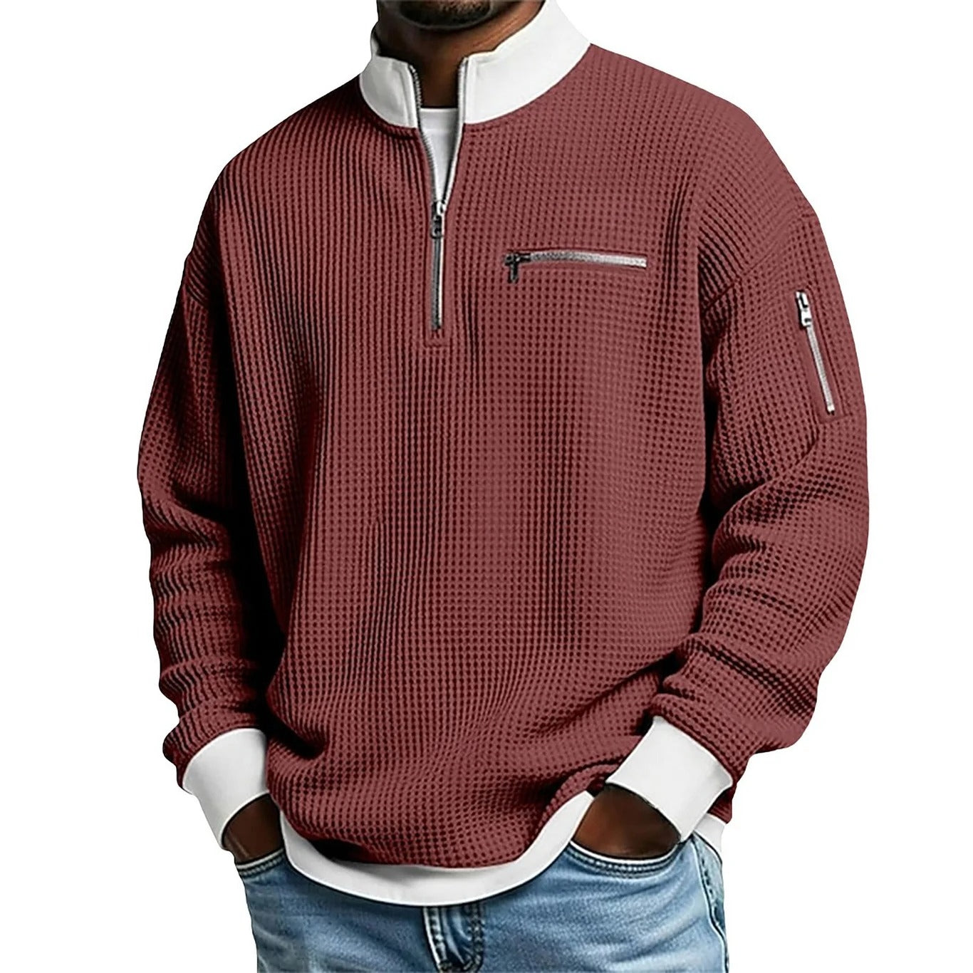 2026 Men's Casual Fashion Up Collar Contrasting Zipper Sweatshirt