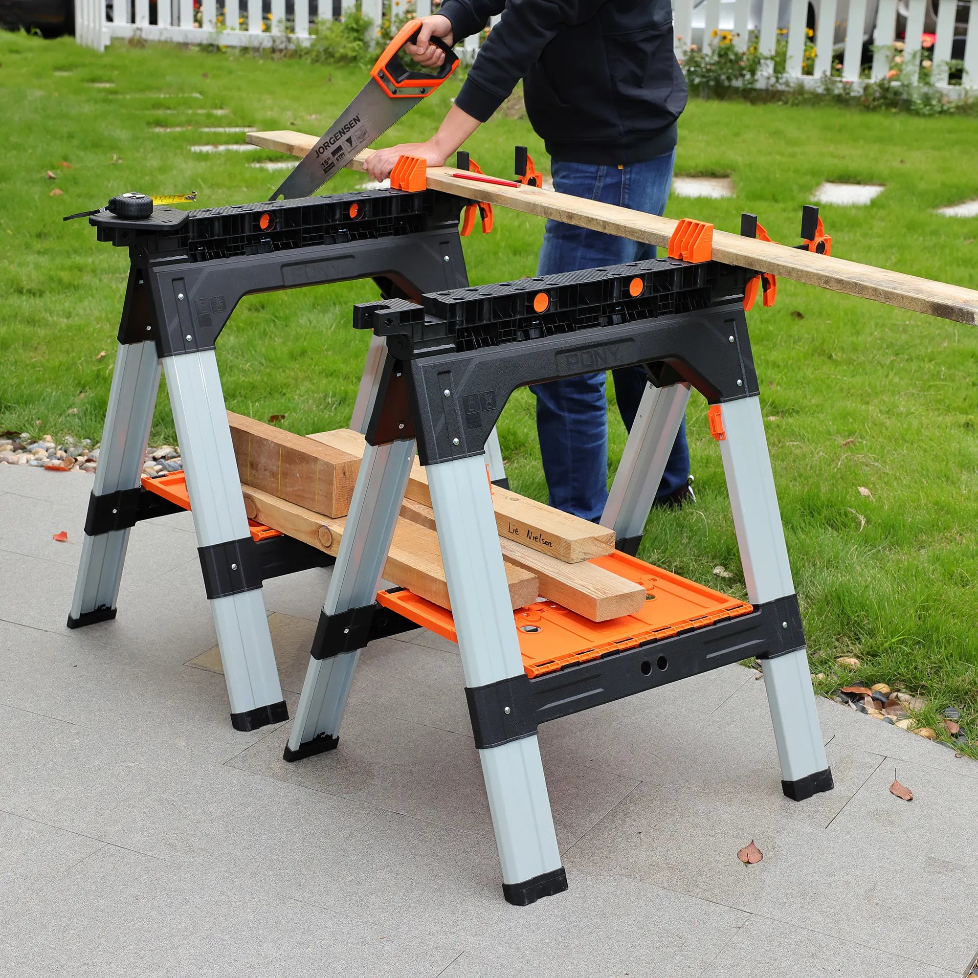 PONY 2-Pack Heavy Duty Folding Sawhorses with Clamps
