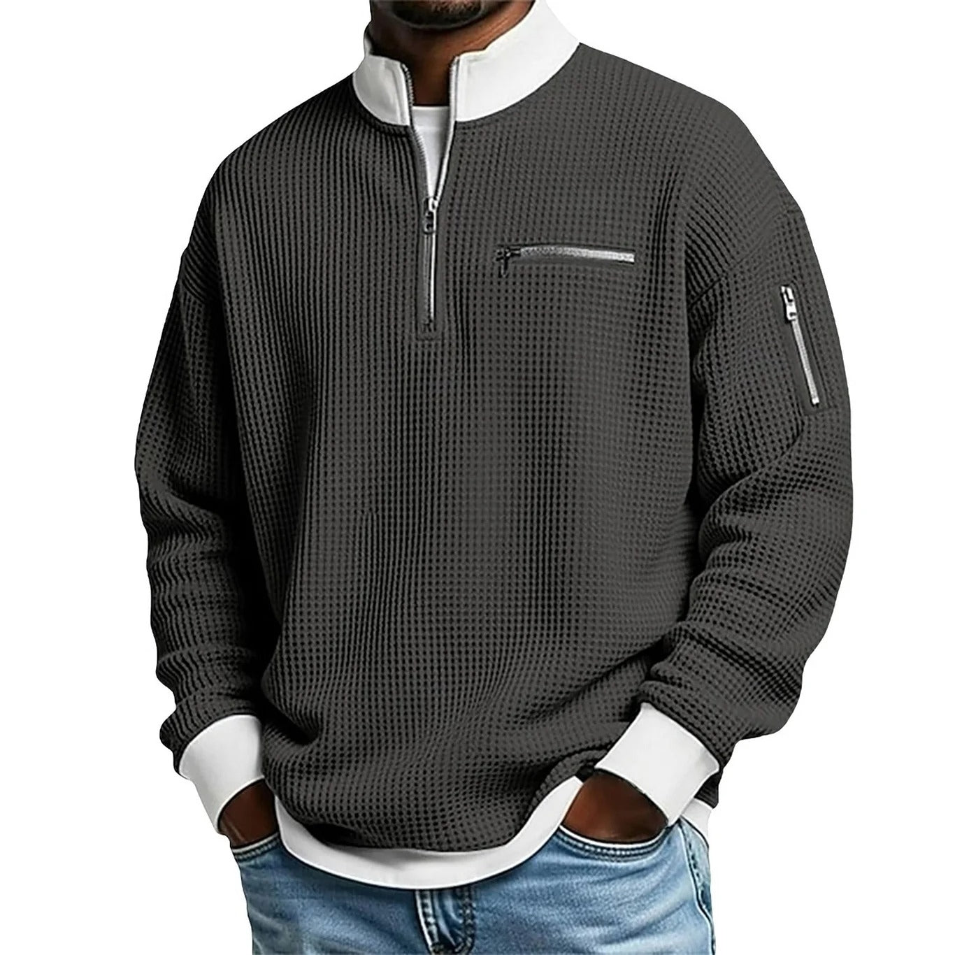 2026 Men's Casual Fashion Up Collar Contrasting Zipper Sweatshirt