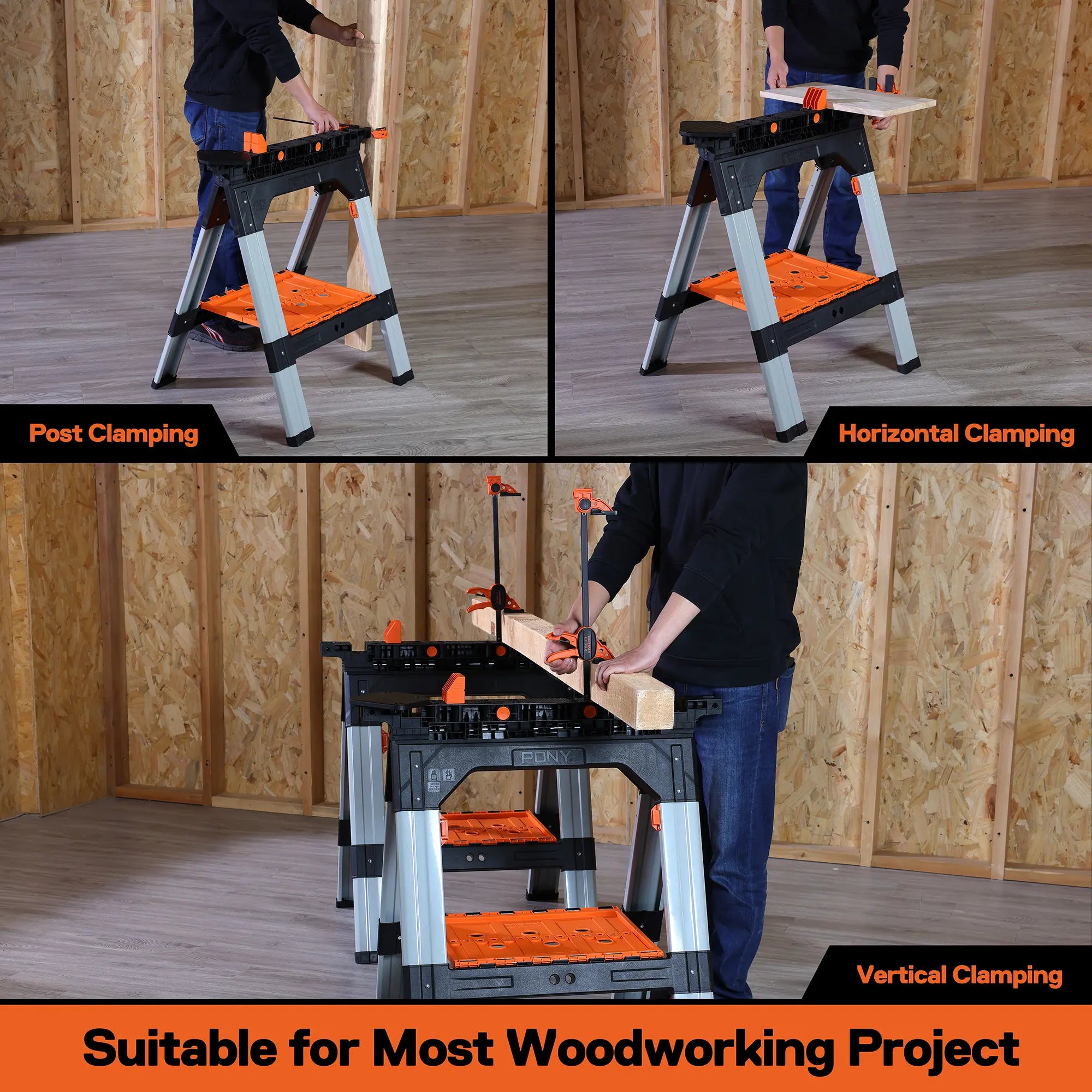 PONY 2-Pack Heavy Duty Folding Sawhorses with Clamps