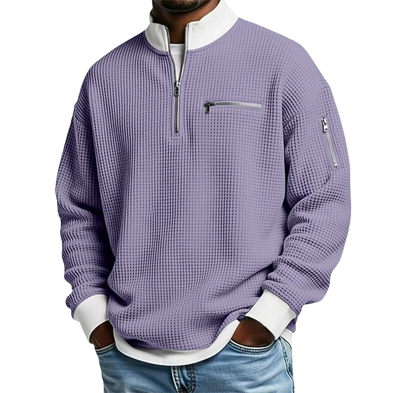 2026 Men's Casual Fashion Up Collar Contrasting Zipper Sweatshirt