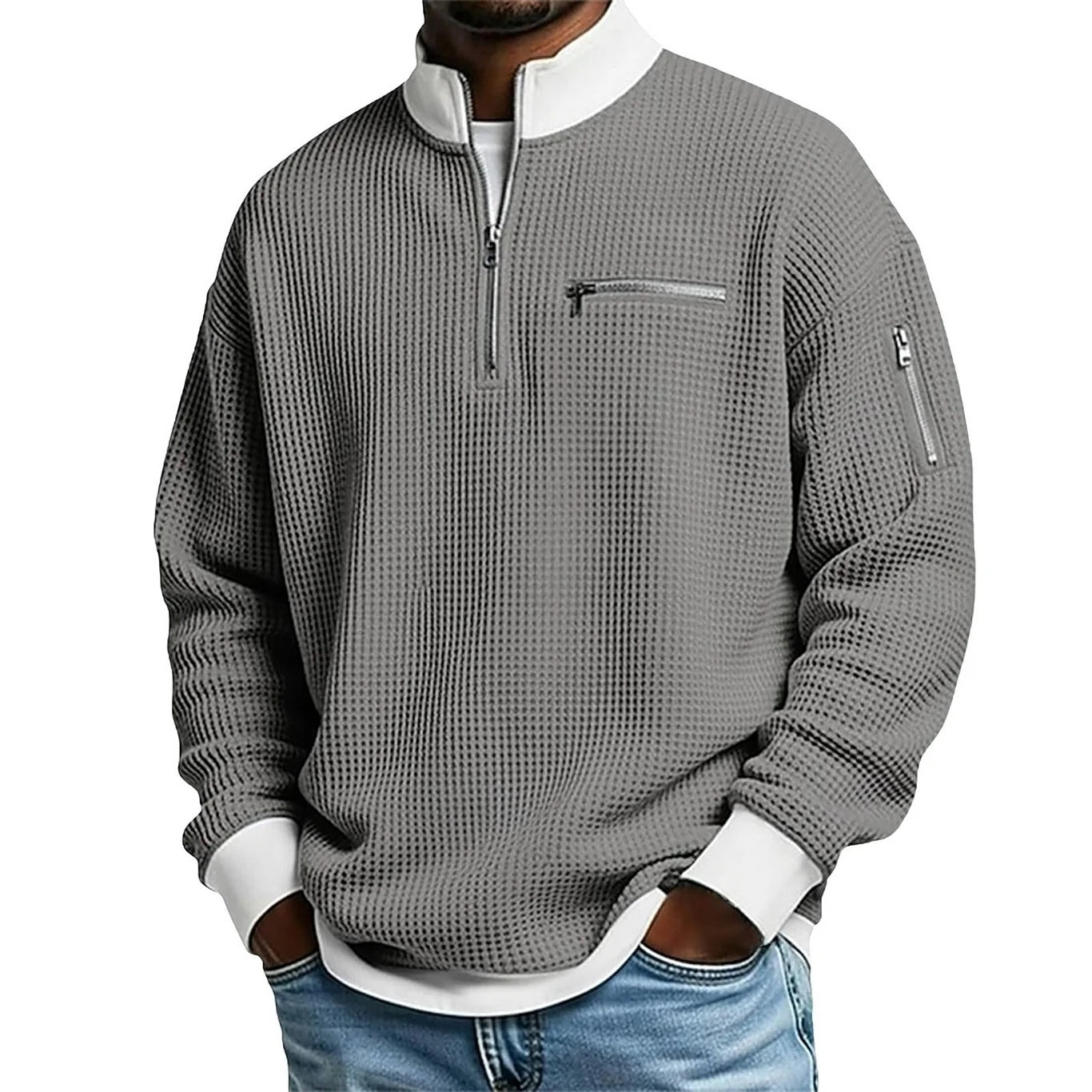 2026 Men's Casual Fashion Up Collar Contrasting Zipper Sweatshirt